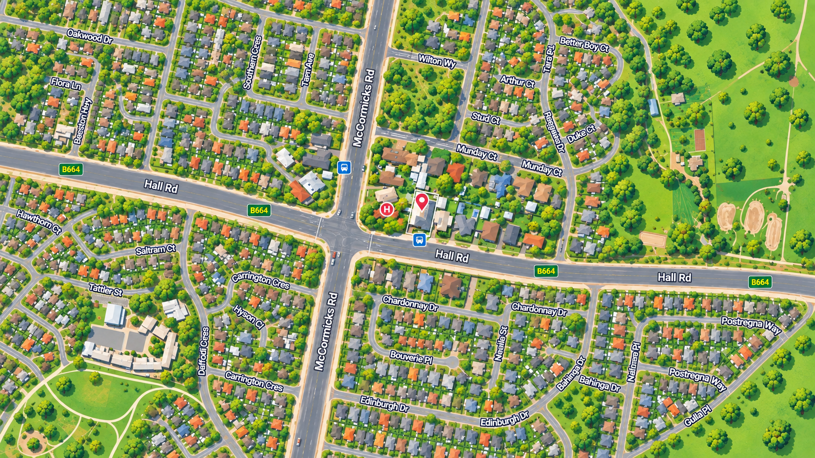 Map showing Specialist Suites & Allied Health Hub beside Skye East Medical Centre on Hall Road in Skye, near Go Green Carwash, 7-Eleven, Rangeview Drive Playground, and Rangeview Drive Reserve, with suites for specialists and allied health practitioners