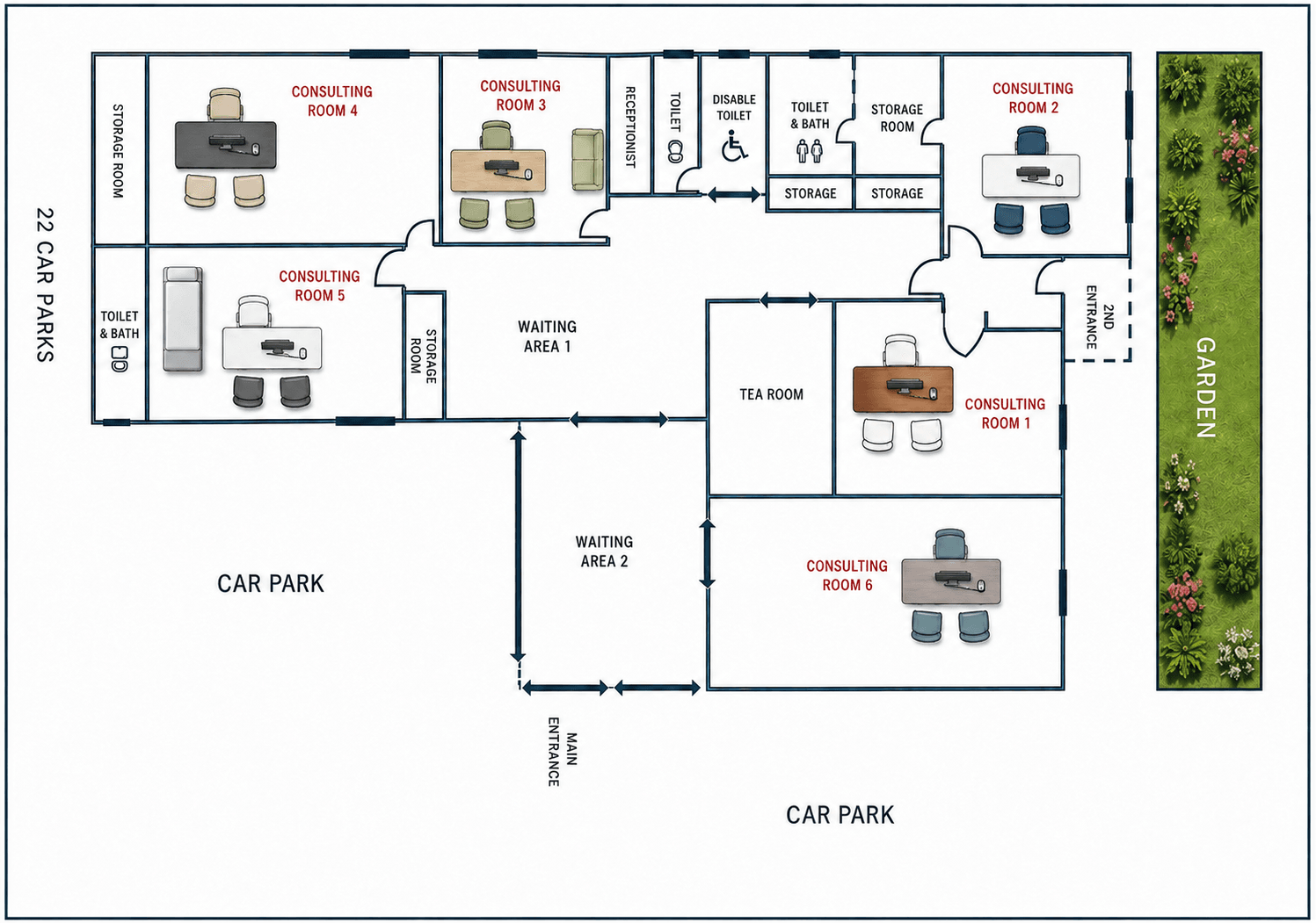 Floor plan showing the facility layout with consulting rooms, entrances, car parks, and garden.